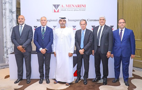 Basel Thaher (Menarini Middle East Regional Head and MEA General Manager), Luca Lastrucci (Menarini Group General Manager), Marwan Abdulaziz Janahi (Managing Director, Dubai Science Park), Nicola Lener (Ambassador of Italy to the UAE), Ugur Bingol (Menarini META President) and Vito de Bellis (Menarini Africa Regional Head) during the inauguration of the Menarini Regional Headquarters in Dubai