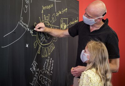 HeiQ co-founder and group CEO Carlo Centonze explains the mechanism of HeiQ Viroblock to his daughter. (Photo from HeiQ)