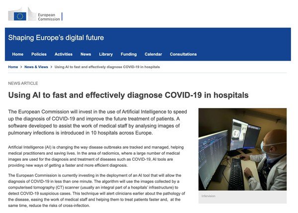 European Commission’s story for InferVision: Using AI to fast and effectively diagnose COVID-19 in hospitals European Commission’s story for InferVision: Using AI to fast and effectively diagnose COVID-19 in hospitals