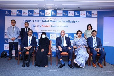 (From Left to Right) Dr. Dayananda Shamurailatpam, Head Department of Medical Physics, Apollo Hospitals, Dr. Rakesh Jalali,Medical Director and Head - Radiation Oncology , Apollo Proton Cancer Centre, Dr . Jose M Easow, Consultant Medical Oncology and Hematology In - charge of BMT Unit, Apollo Cancer Speciality Hospital, Patient Ms.Fatima (35) Oman, Dr . Prathap C Reddy,Executive Chairman, Apollo Hospitals Group, Dr. Preetha Reddy, Vice Chairperson, Apollo Hospitals Group, Dr. Srinivas Chilukuri – Senior Consultant Radiation Oncology, Dr . Sapna Nangia, Senior Consultant, Radiation Oncology at Apollo Proton Cancer Centre, Chennai