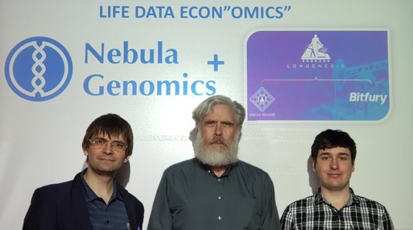人體生命資料經濟研發合作負責人，從左到右依次是Dennis Grishin（Nebula基因組公司/哈佛大學），George Church 教授（Nebula基因組公司/哈佛大學），Alex Zhavoronkov博士 (Insilico Medicine/Longenesis) 